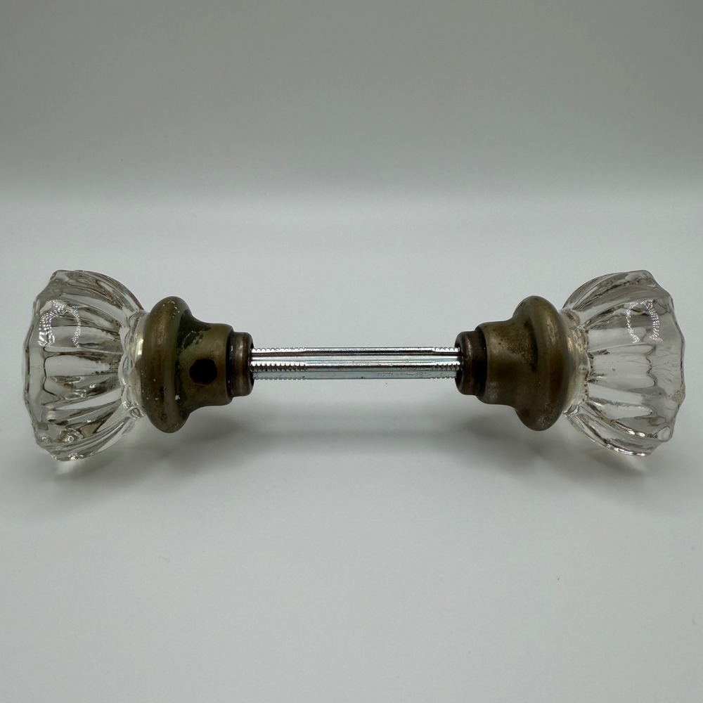 Vintage Clear Fluted Glass Door Knob Set with Brass Collars and Spindle Hardware